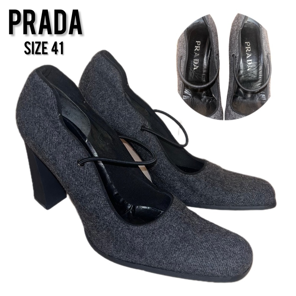 PRADA • Grey Wool Mary Jane Pumps w/ Block Heel • Size 41 (US 11)